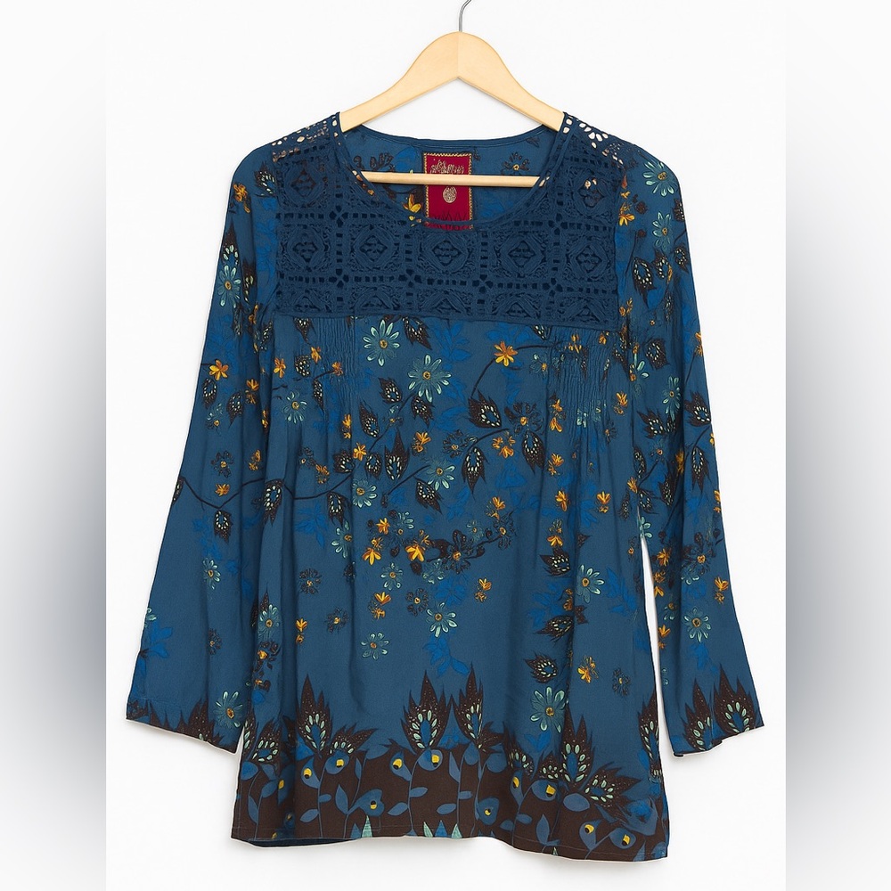 100% silk Johnny Was blue floral crochet tunic - Size small
